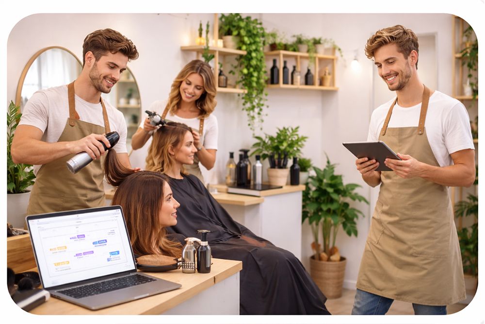 Growing service team reviewing work together