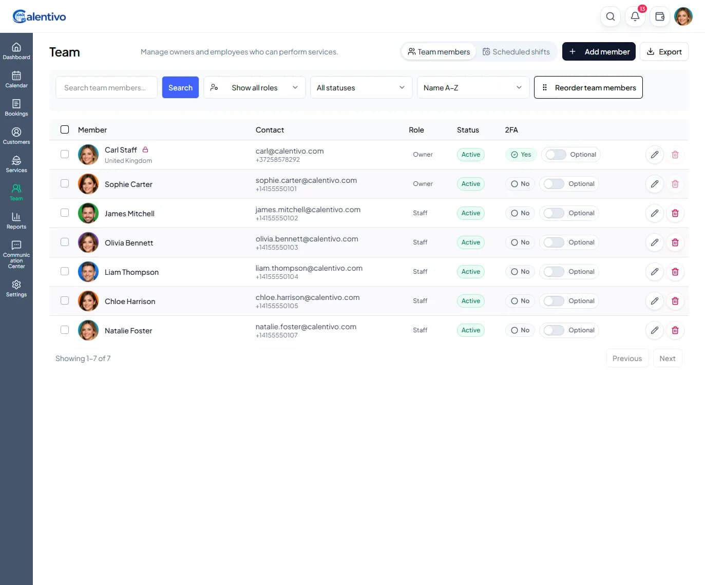 team overview list